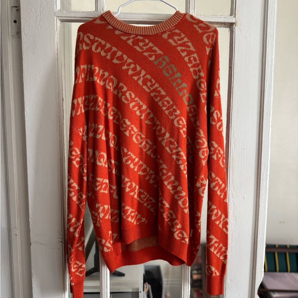 Urban Outfitters Orange Crewneck Sweater with Cream Script Pattern